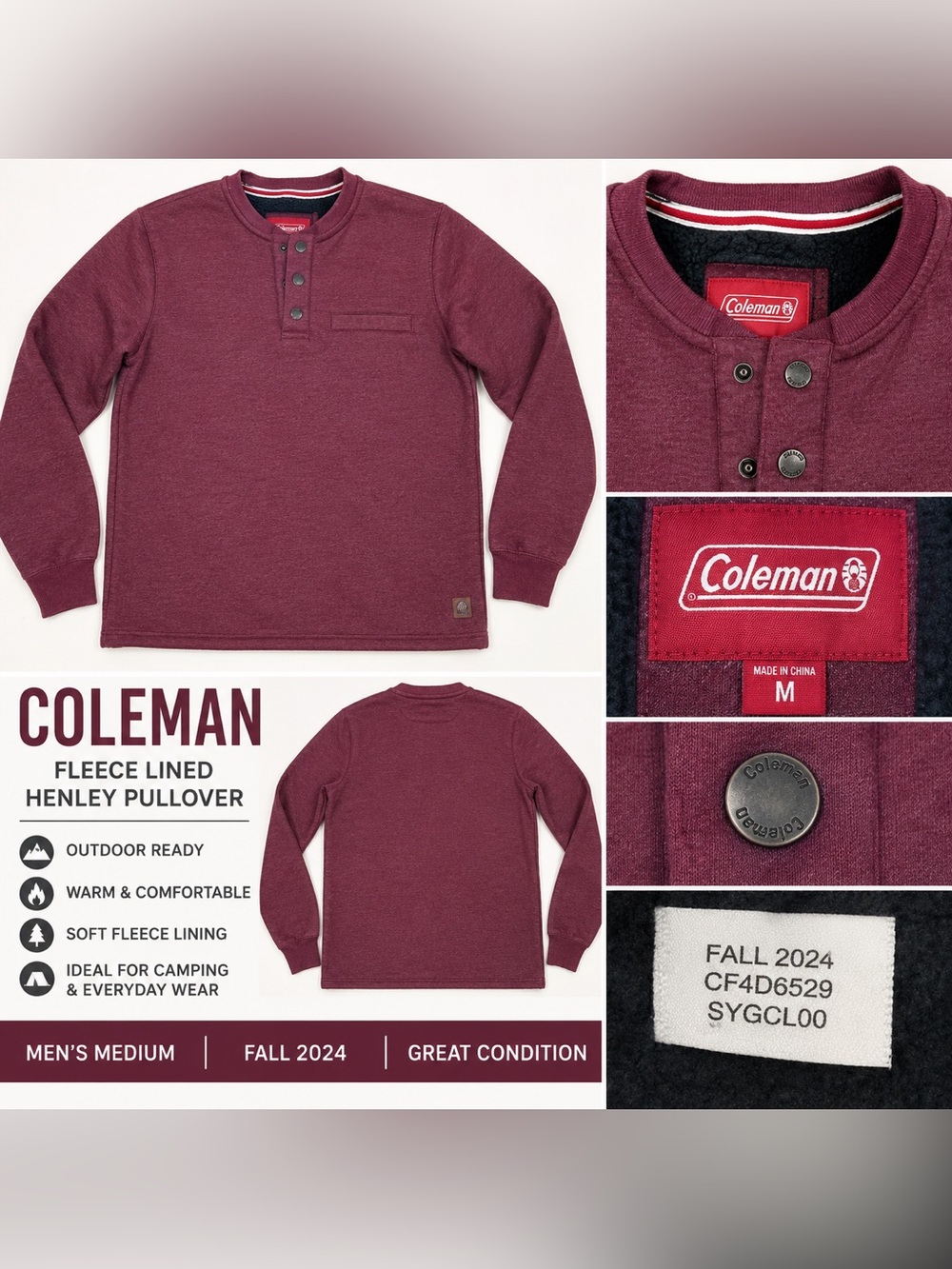 Coleman Fleece LinedHenleyPulloverSweater Men’s Med Burgundy Snap Neck Fall 2024